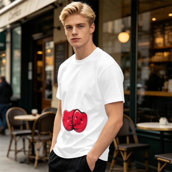 Olive green t-shirt with cute hugging red beans graphic