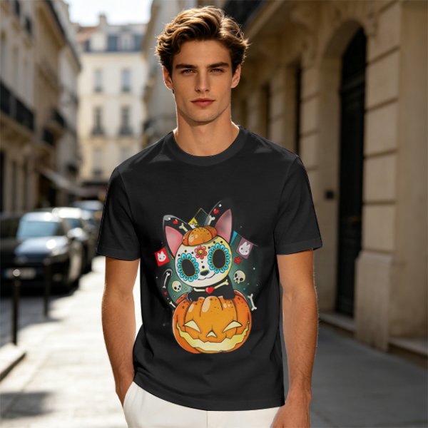 Olive t-shirt with sugar skull cat on jack-o'-lantern