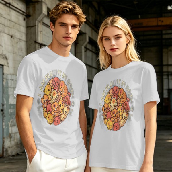 Olive t-shirt with cute puppy pile graphic and playful text