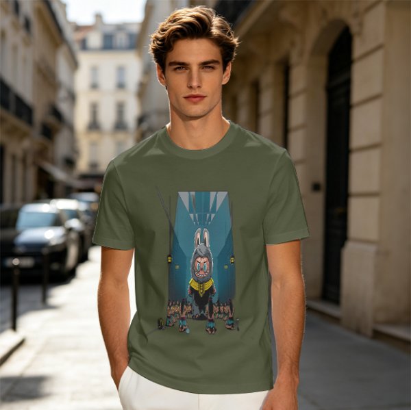 Olive Green T-Shirt With Cartoon Rabbit Character Graphic