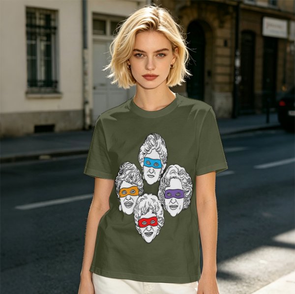 Olive T-Shirt With Golden Girls Ninja Turtle Masks Graphic