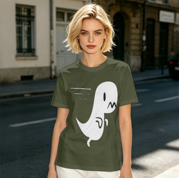 Olive T-Shirt With Cute Running Ghost Dinosaur Graphic Print