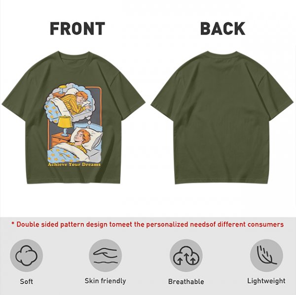 Olive graphic t-shirt with sleeping person and 'Achieve Your Dreams' text