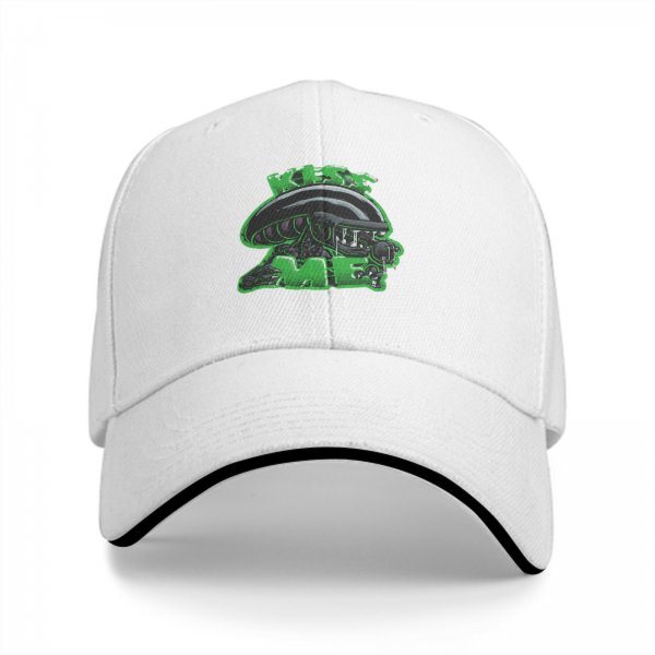Black baseball cap with alien graphic and 'Kiss Me' text
