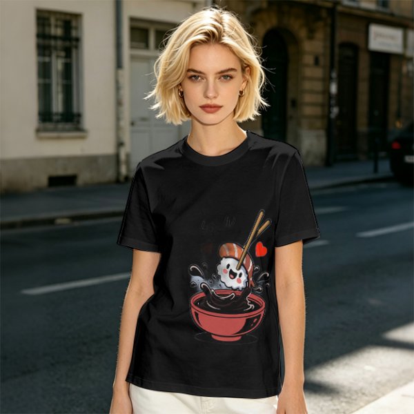 Olive T-shirt with Cute Sushi Dipping in Soy Sauce Graphic