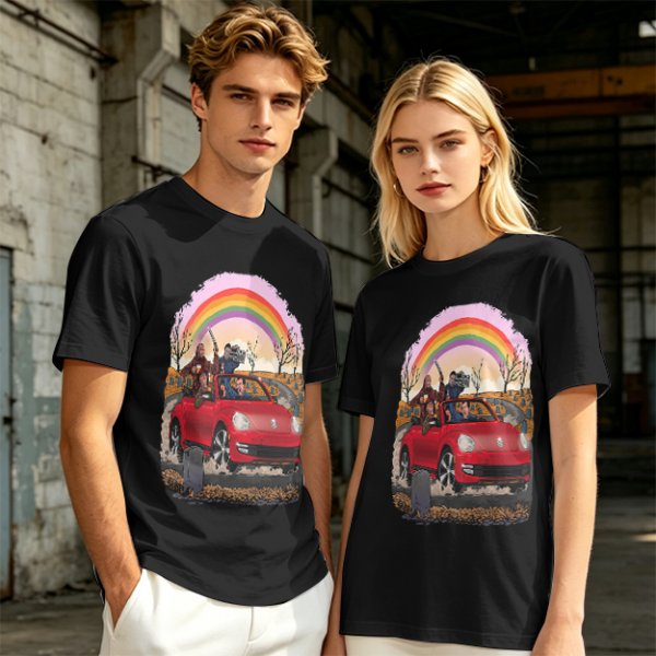 Olive T-Shirt With Red Convertible Car, Rainbow And People Graphic
