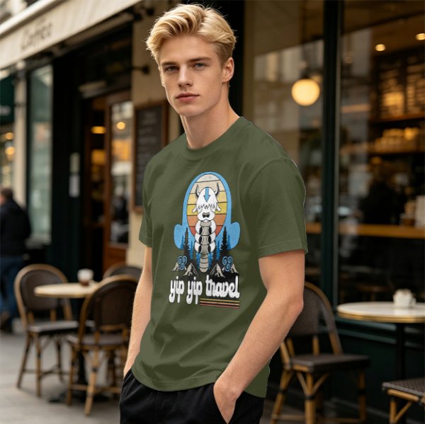 Olive green t-shirt with Appa graphic and 'yip yip travel' text