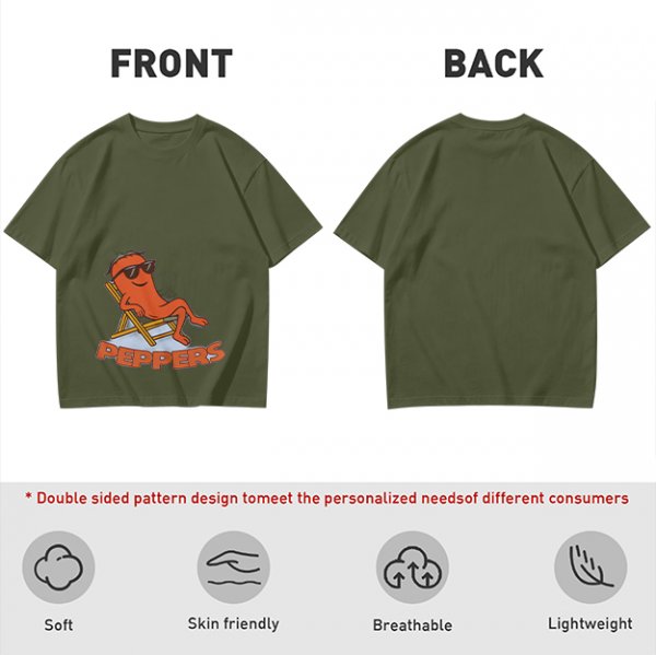 Olive T-shirt with Relaxed Cartoon Chili Pepper Wearing Sunglasses and Peppers Text