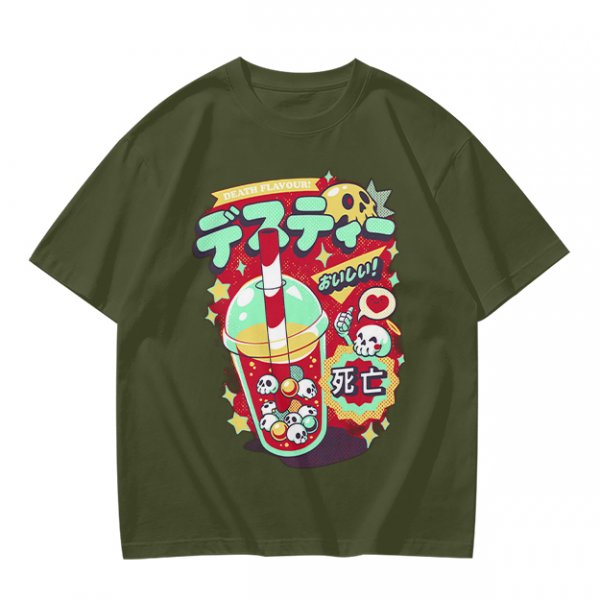 Olive t-shirt with spooky skull bubble tea graphic and Japanese text