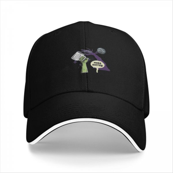 Black baseball cap with 'More Coffee!' monster graphic print