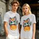 Olive t-shirt with sugar skull cat on jack-o'-lantern