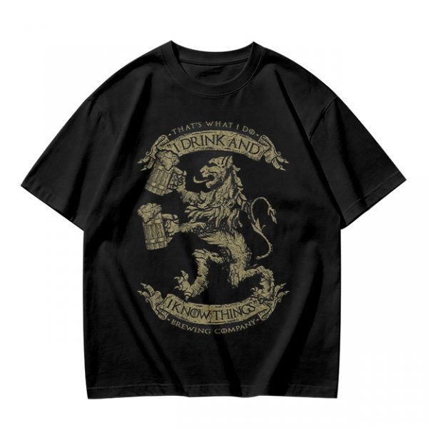 Olive T-shirt with 'I Drink And I Know Things' Lion Beer Graphic