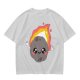 Olive green t-shirt with cute cartoon flaming asteroid graphic