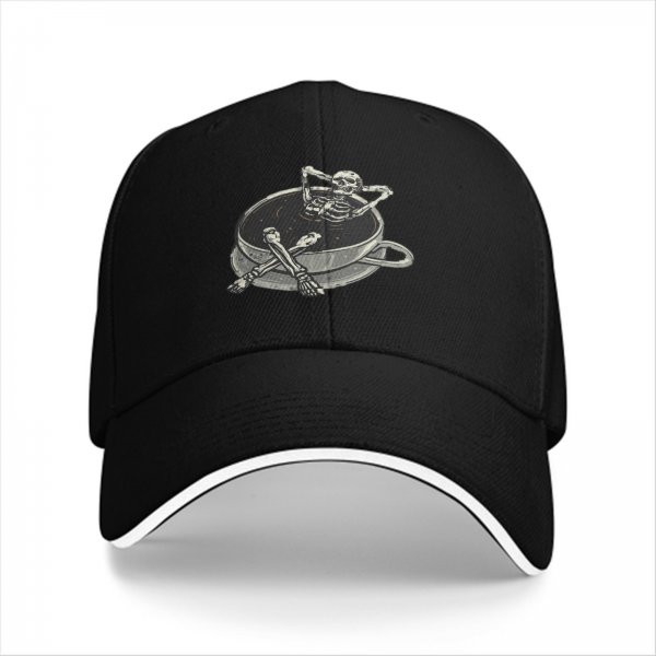 Black baseball cap with skeleton relaxing in coffee cup graphic