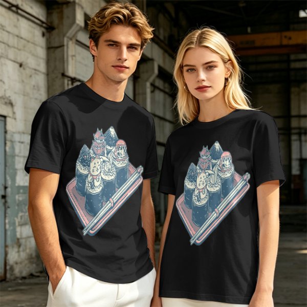 Olive T-Shirt With Sushi Themed Character Art Print