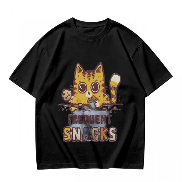 Olive T-Shirt With Cat Eating Snacks Frequent Snacks Print
