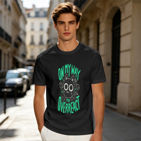 Oversized Olive T-Shirt With 'On My Way To Overreact' Cat Graphic
