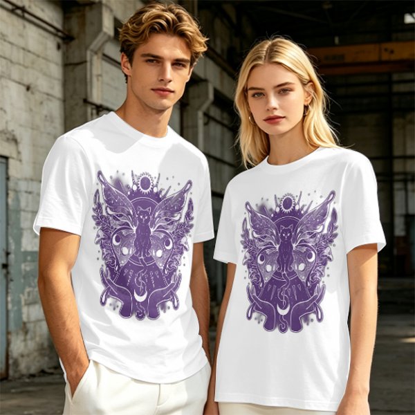 Olive T-Shirt with Celestial Cat Moth and Mystical Hands Print