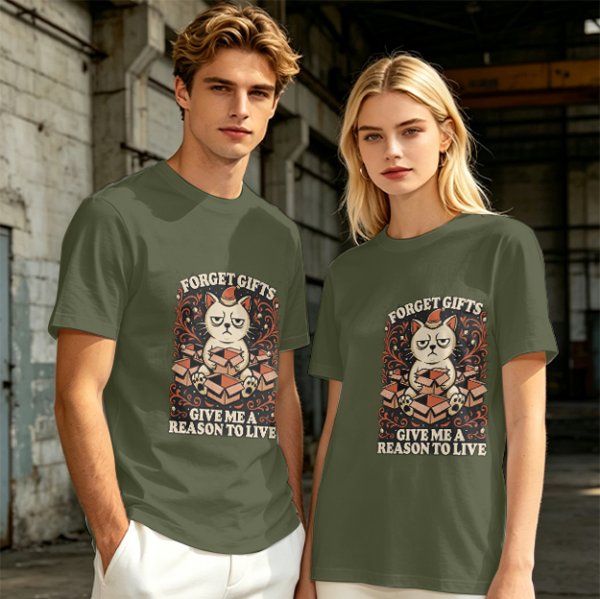 Olive t-shirt with grumpy cat holding boxes and text 'Forget Gifts Give Me A Reason To Live'