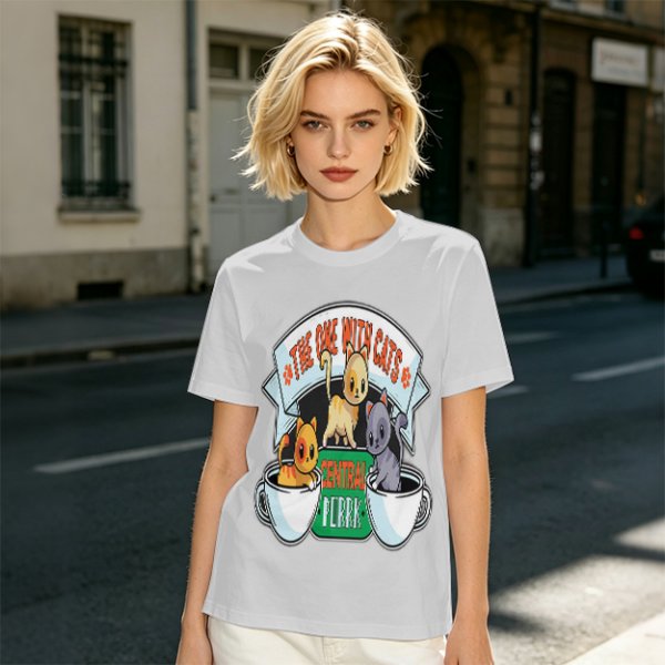 Olive green t-shirt with cat coffee cup graphic and playful text design