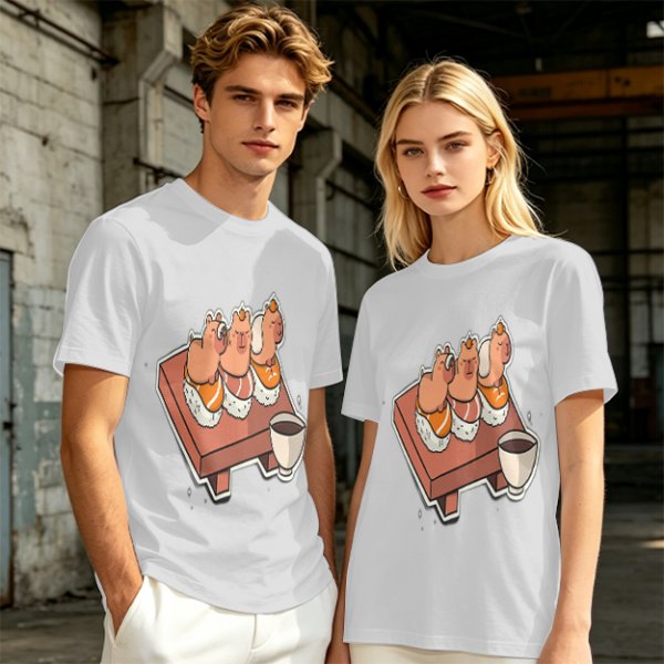 Olive green t-shirt with capybara sushi print design