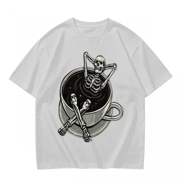 Olive T-shirt with skeleton relaxing in coffee cup graphic