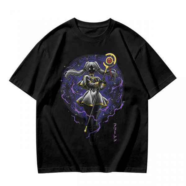 Olive T-shirt with dark anime elf mage holding staff and purple magic circle print
