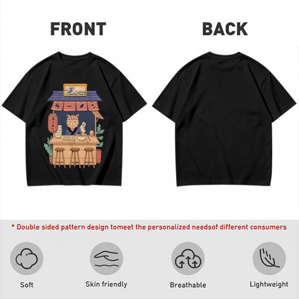 Olive T-Shirt with Cat Ramen Shop Artwork
