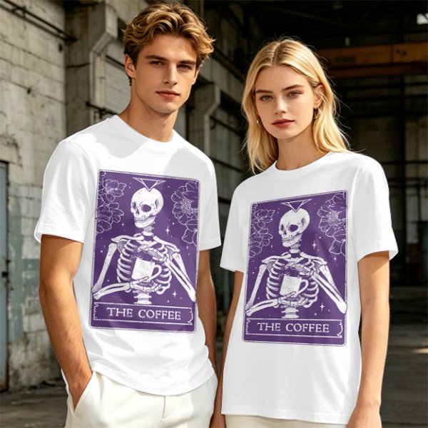 Olive T-Shirt With Skeleton Tarot Card 'The Coffee' Print
