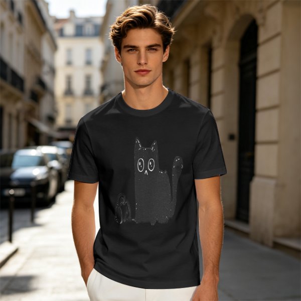 Olive Green T-Shirt With Cute Surprised Black Cat And Bell Print