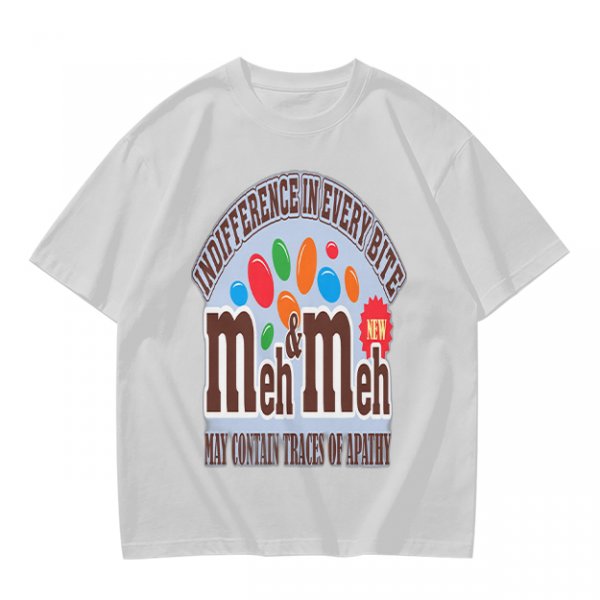 Meh and Meh novelty graphic t-shirt with indifference themed print