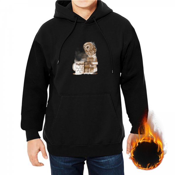 Black hoodie with owl, coffee mug and stacked books graphic
