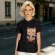 Olive green t-shirt with a cute cat eating ramen graphic
