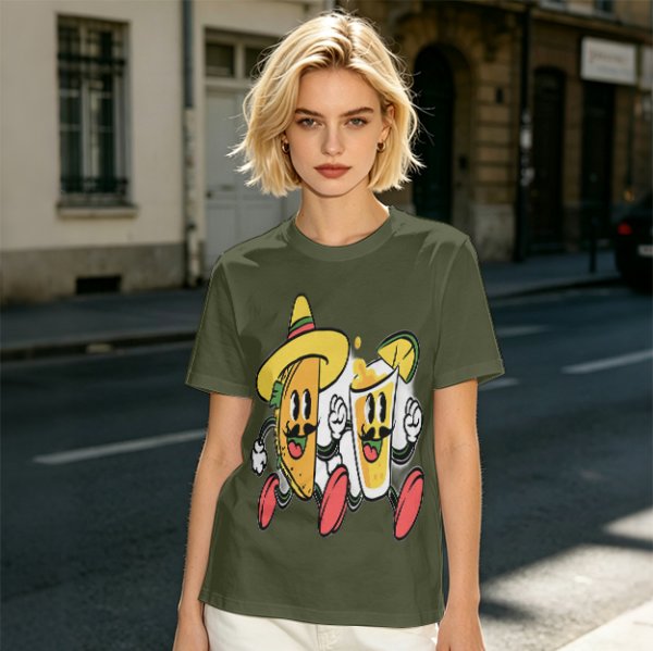 Olive T-Shirt with Cartoon Taco and Beer Graphic