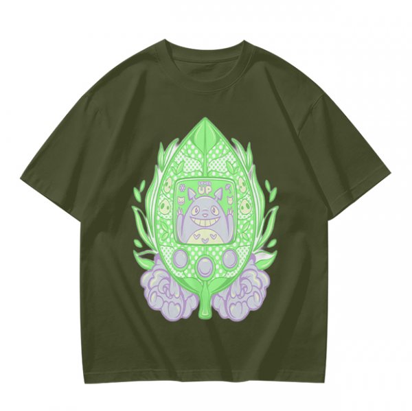 Olive Green T-Shirt With Leaf Shaped Tamagotchi Totoro Print
