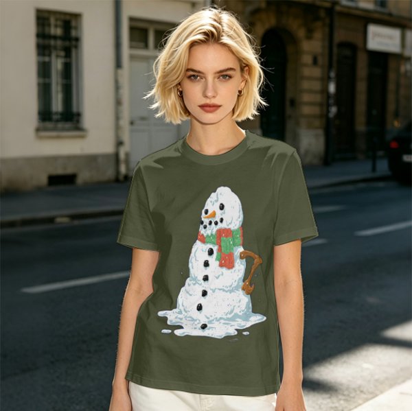 Olive T-Shirt With Melting Snowman Christmas Print