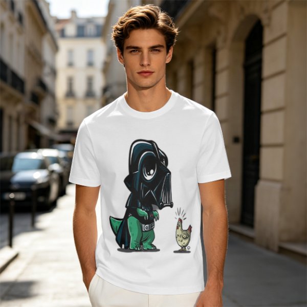 Olive T-shirt with cartoon dinosaur in Darth Vader helmet and chicken print