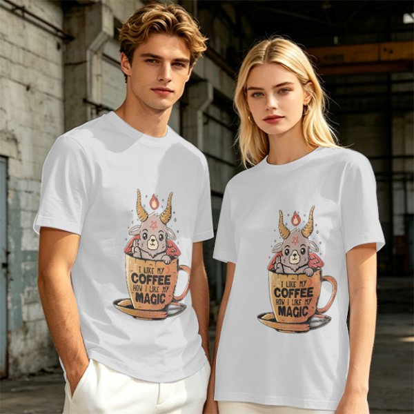 Olive t-shirt with cute Baphomet coffee magic print