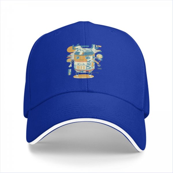 Black baseball cap with cartoon beer can robot graphic