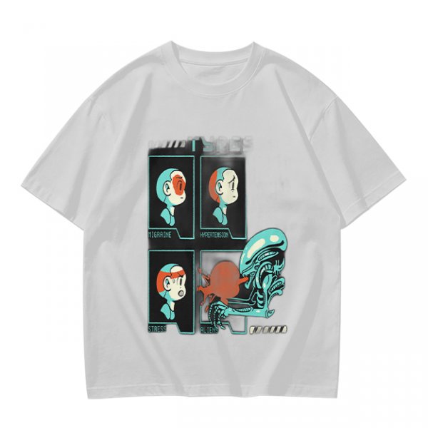 Olive Graphic Tee With Alien Stress Headache Themed Art