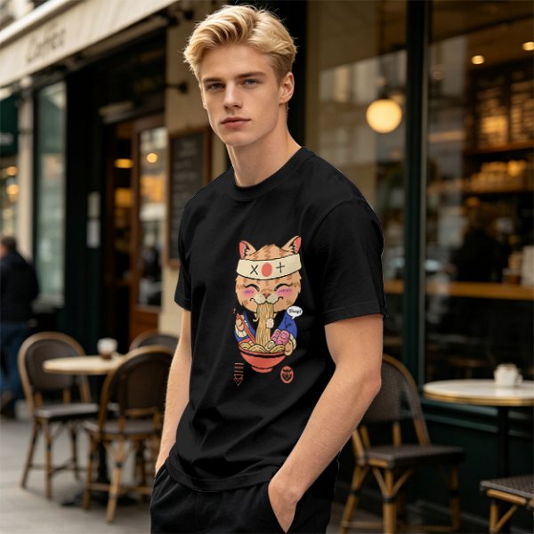 Olive green t-shirt with a cute cat eating ramen graphic