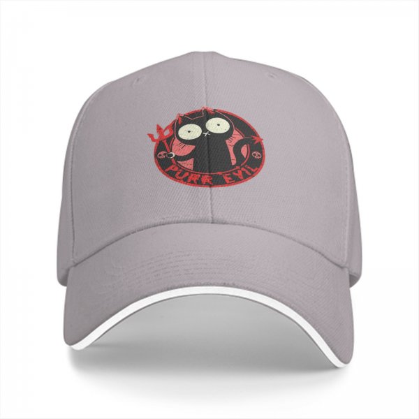 Black baseball cap with devil cat 'Purr Evil' graphic print