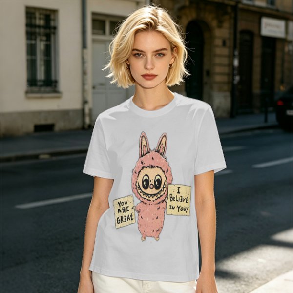 Olive T-shirt with a cute bunny monster holding You Are Great and I Believe In You signs
