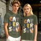 Olive T-Shirt With Cute Cat Letter Graphic Design