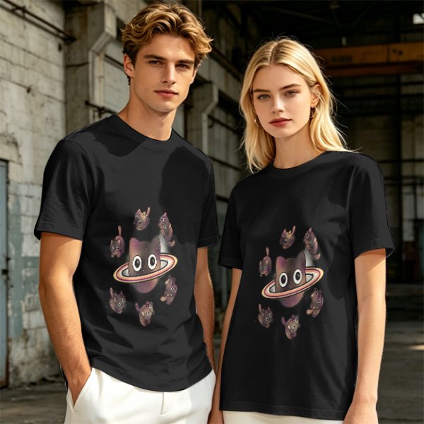 Olive T-Shirt With Saturn Cat And Kittens Space Print