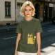 Olive Green T-Shirt With Surprised Yellow Tabby Cat Graphic
