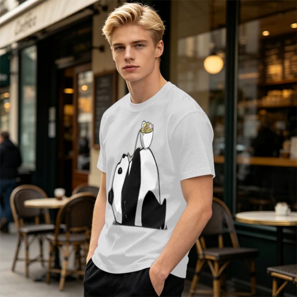Olive T-Shirt With Panda Balancing Ramen Bowl Print
