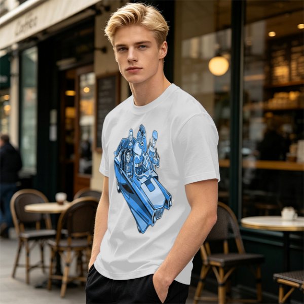Olive T-shirt with retro blue cartoon car and characters graphic