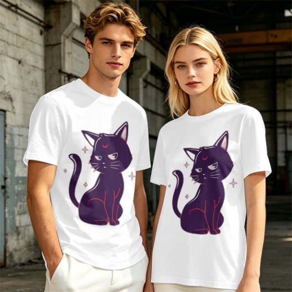 Olive T-Shirt with Sassy Black Cat and Crescent Moon Graphic