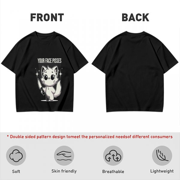 Olive graphic t-shirt with angry cartoon cat holding knife